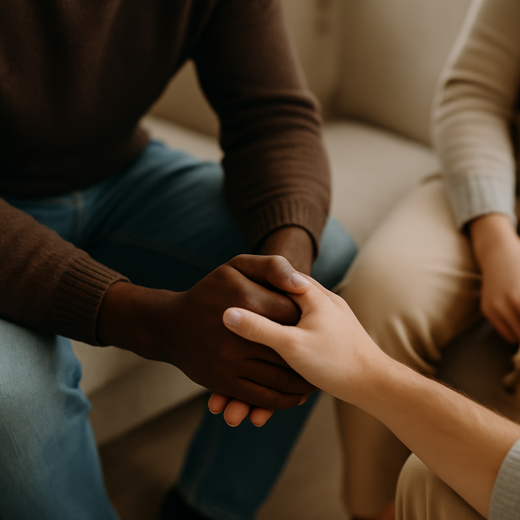a couple holding hands in presence of another, symbolizing a supportive, therapeutic environment