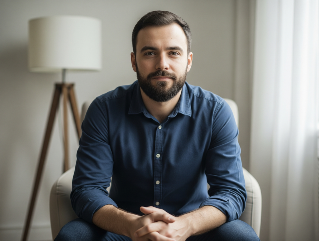 Man in a therapeutic setting looking at the camera – representing counselling and psychotherapy for men in Nottingham and UK-wide.