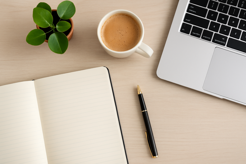 Phone, notebook, and coffee cup on a tidy desk - encouraging contact for therapy and family support in Nottingham